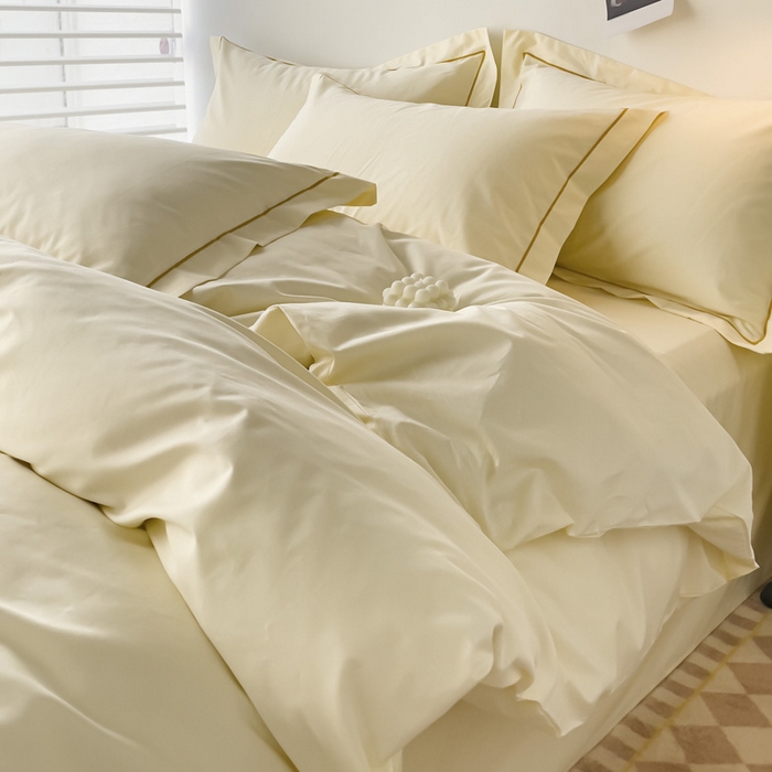 91家纺网 家纺一手货源 找家纺 （总）锦彩家居 2026新款40支正宗13372双拼纯色全棉四件套酒店宾馆民宿学生三件套（可定制）标准号的床单是圆角吊边；小号和加大的床单都是直角