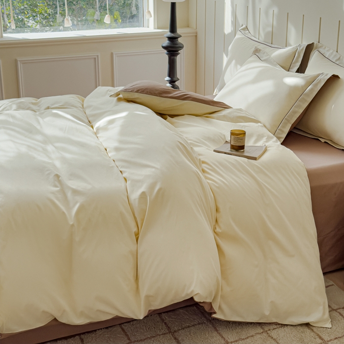 91家纺网 家纺一手货源 找家纺 （总）锦彩家居 2026新款40支正宗13372双拼纯色全棉四件套酒店宾馆民宿学生三件套（可定制）标准号的床单是圆角吊边；小号和加大的床单都是直角