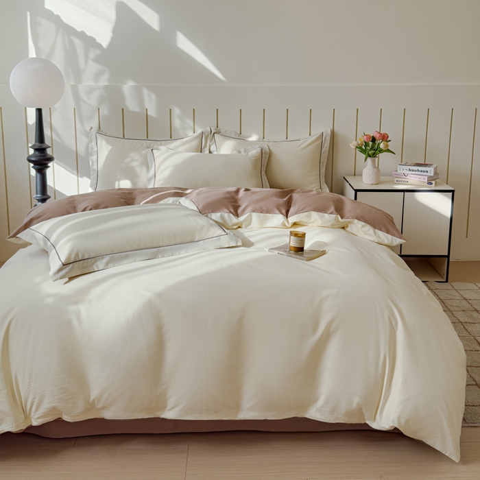 91家纺网 家纺一手货源 找家纺 （总）锦彩家居 2026新款40支正宗13372双拼纯色全棉四件套酒店宾馆民宿学生三件套（可定制）标准号的床单是圆角吊边；小号和加大的床单都是直角