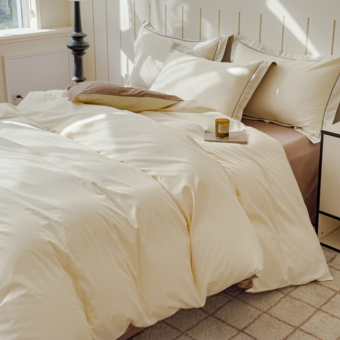 91家纺网 家纺一手货源 找家纺 （总）锦彩家居 2026新款40支正宗13372双拼纯色全棉四件套酒店宾馆民宿学生三件套（可定制）标准号的床单是圆角吊边；小号和加大的床单都是直角