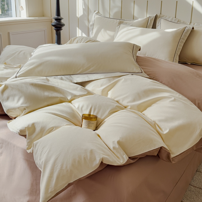 91家纺网 家纺一手货源 找家纺 （总）锦彩家居 2026新款40支正宗13372双拼纯色全棉四件套酒店宾馆民宿学生三件套（可定制）标准号的床单是圆角吊边；小号和加大的床单都是直角