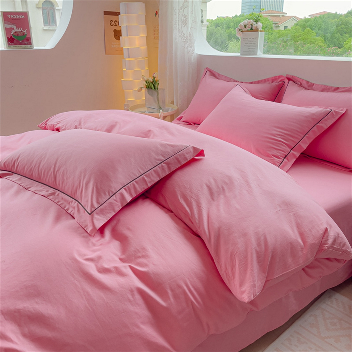 91家纺网 家纺一手货源 找家纺 （总）锦彩家居 2026新款40支正宗13372双拼纯色全棉四件套酒店宾馆民宿学生三件套（可定制）标准号的床单是圆角吊边；小号和加大的床单都是直角