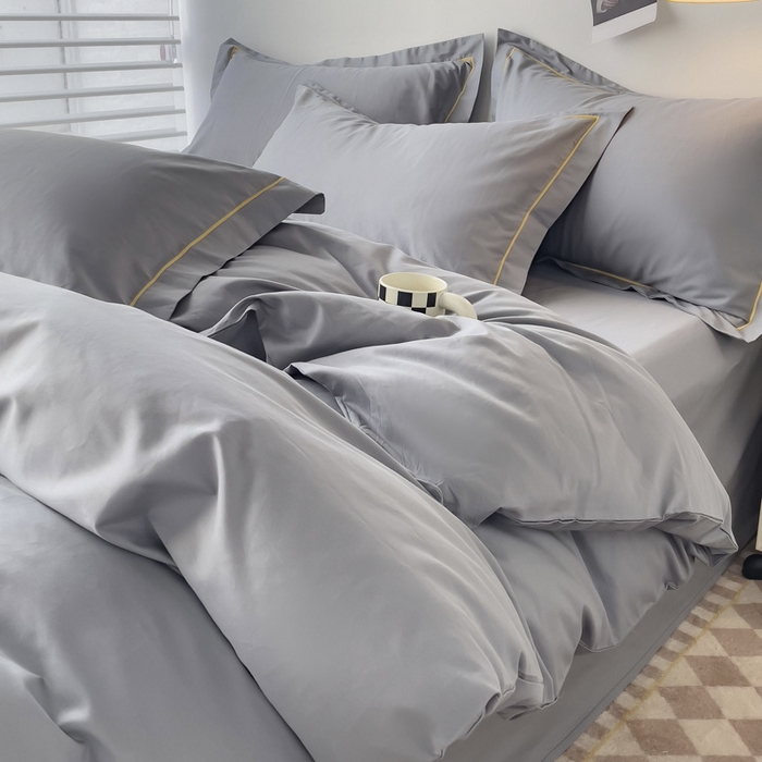 91家纺网 家纺一手货源 找家纺 锦彩家居 2026新款40支正宗13372双拼纯色全棉四件套酒店宾馆民宿学生三件套（可定制）标准号的床单是圆角吊边；小号和加大的床单都是直角 中灰