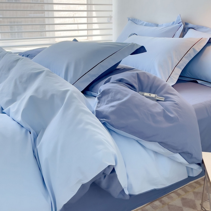 91家纺网 家纺一手货源 找家纺 锦彩家居 2026新款40支正宗13372双拼纯色全棉四件套酒店宾馆民宿学生三件套（可定制）标准号的床单是圆角吊边；小号和加大的床单都是直角 天蓝-宾利蓝