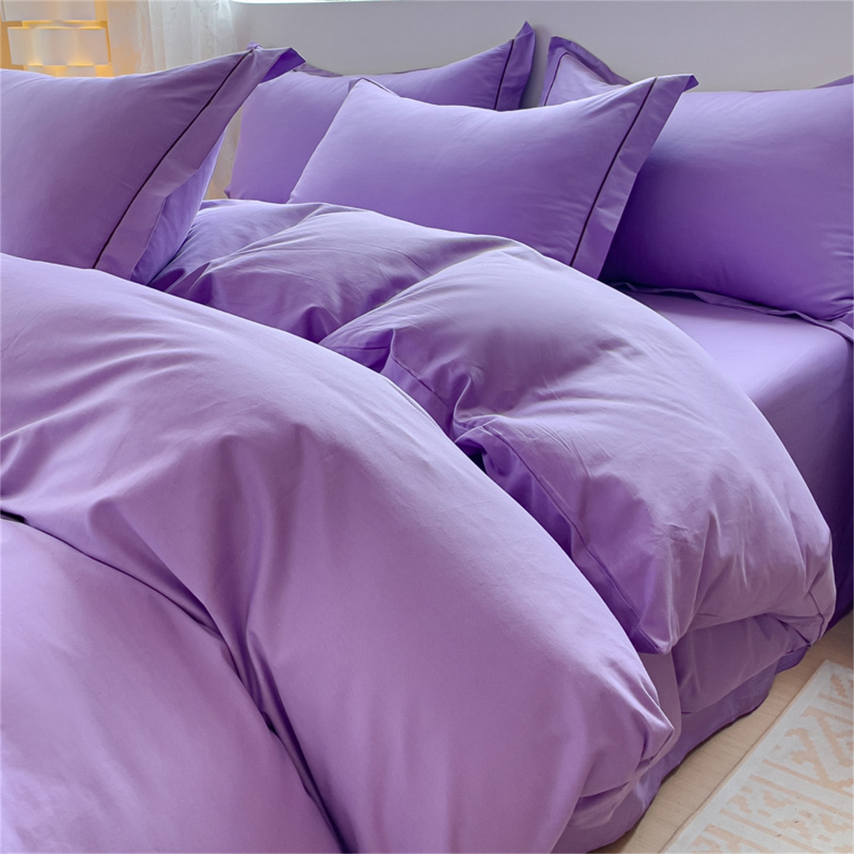 91家纺网 家纺一手货源 找家纺 锦彩家居 2026新款40支正宗13372双拼纯色全棉四件套酒店宾馆民宿学生三件套（可定制）标准号的床单是圆角吊边；小号和加大的床单都是直角 葡萄紫