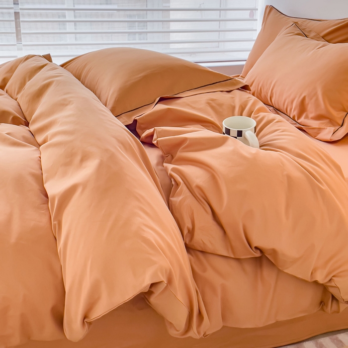91家纺网 家纺一手货源 找家纺 锦彩家居 2026新款40支正宗13372双拼纯色全棉四件套酒店宾馆民宿学生三件套（可定制）标准号的床单是圆角吊边；小号和加大的床单都是直角 南瓜橘
