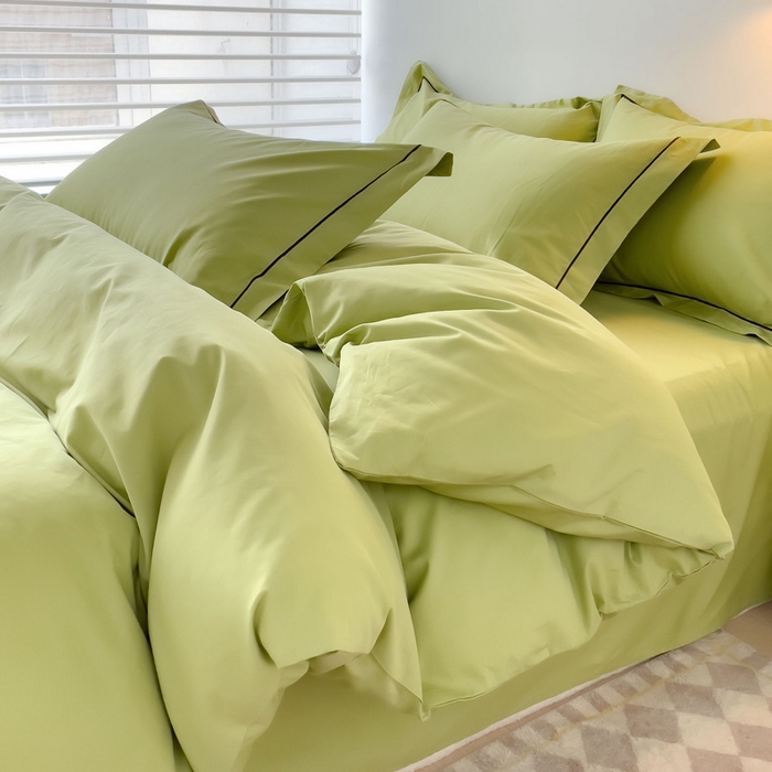 91家纺网 家纺一手货源 找家纺 锦彩家居 2026新款40支正宗13372双拼纯色全棉四件套酒店宾馆民宿学生三件套（可定制）标准号的床单是圆角吊边；小号和加大的床单都是直角 抹茶绿