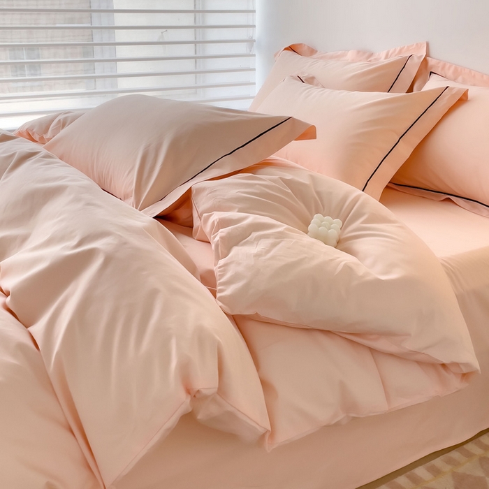 91家纺网 家纺一手货源 找家纺 锦彩家居 2026新款40支正宗13372双拼纯色全棉四件套酒店宾馆民宿学生三件套（可定制）标准号的床单是圆角吊边；小号和加大的床单都是直角 蜜桃粉
