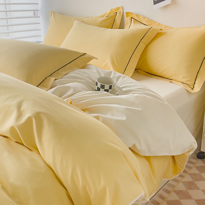 91家纺网 家纺一手货源 找家纺 锦彩家居 2026新款40支正宗13372双拼纯色全棉四件套酒店宾馆民宿学生三件套（可定制）标准号的床单是圆角吊边；小号和加大的床单都是直角 初黄-奶昔白