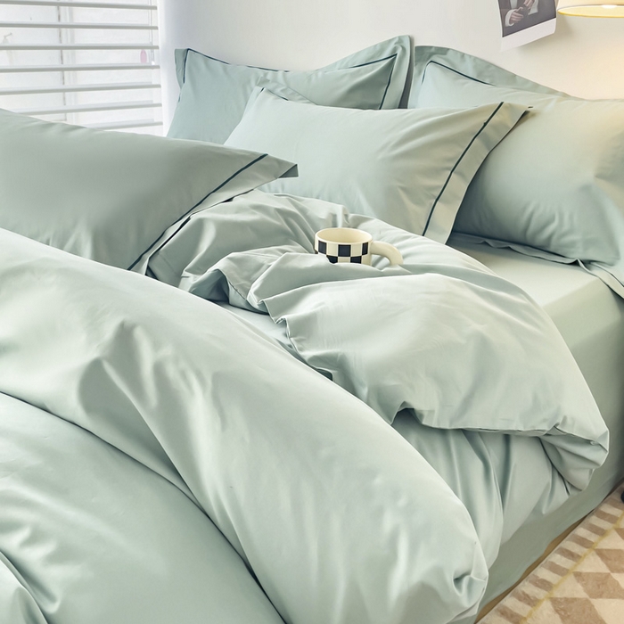 91家纺网 家纺一手货源 找家纺 锦彩家居 2026新款40支正宗13372双拼纯色全棉四件套酒店宾馆民宿学生三件套（可定制）标准号的床单是圆角吊边；小号和加大的床单都是直角 豆绿