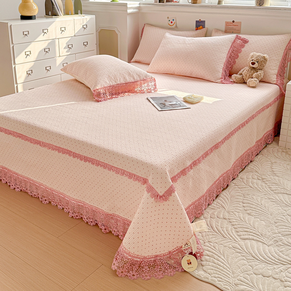 91家纺网 家纺一手货源 找家纺 （总）源舜家纺 2026新款全棉双层纱梅花边床盖