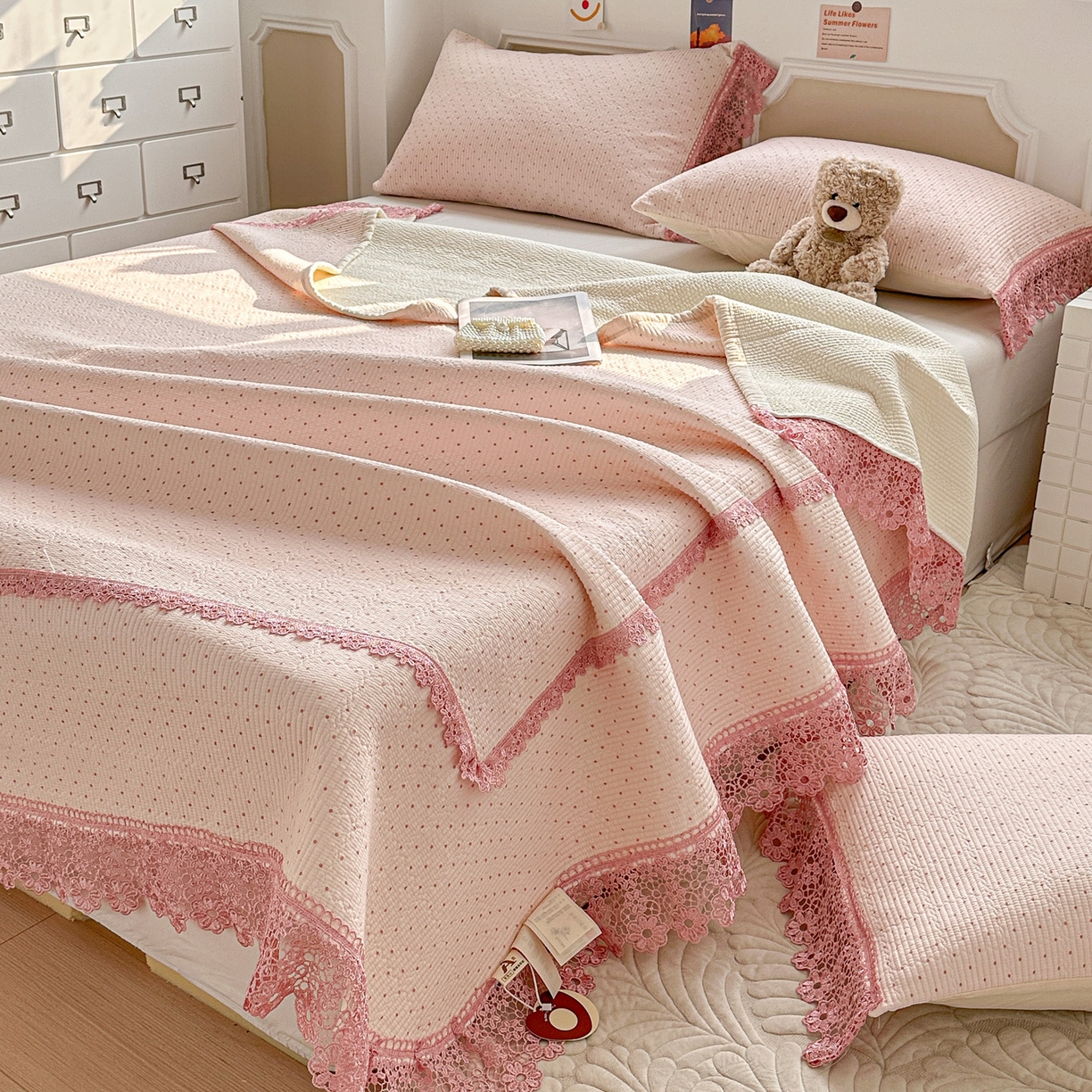 91家纺网 家纺一手货源 找家纺 （总）源舜家纺 2026新款全棉双层纱梅花边床盖