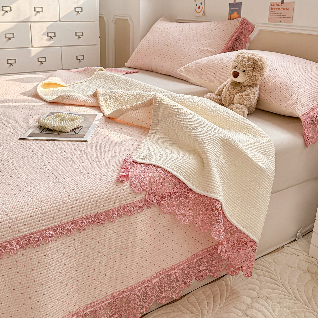 91家纺网 家纺一手货源 找家纺 （总）源舜家纺 2026新款全棉双层纱梅花边床盖