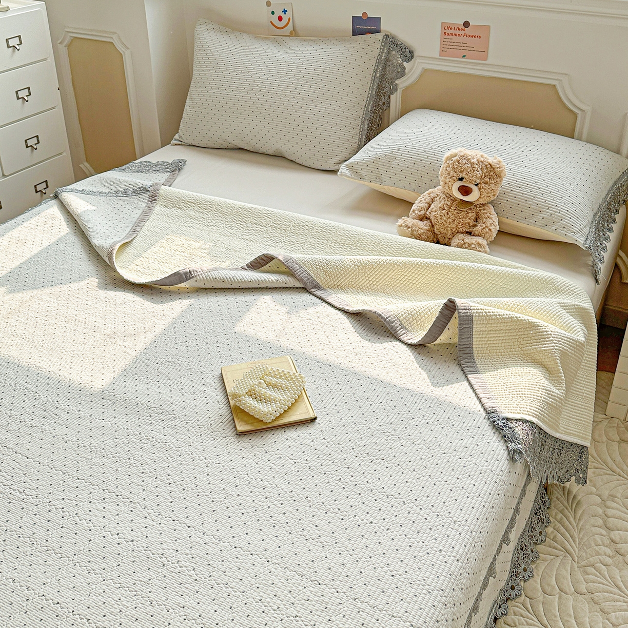 91家纺网 家纺一手货源 找家纺 源舜家纺 2026新款全棉双层纱梅花边床盖 波点-灰色