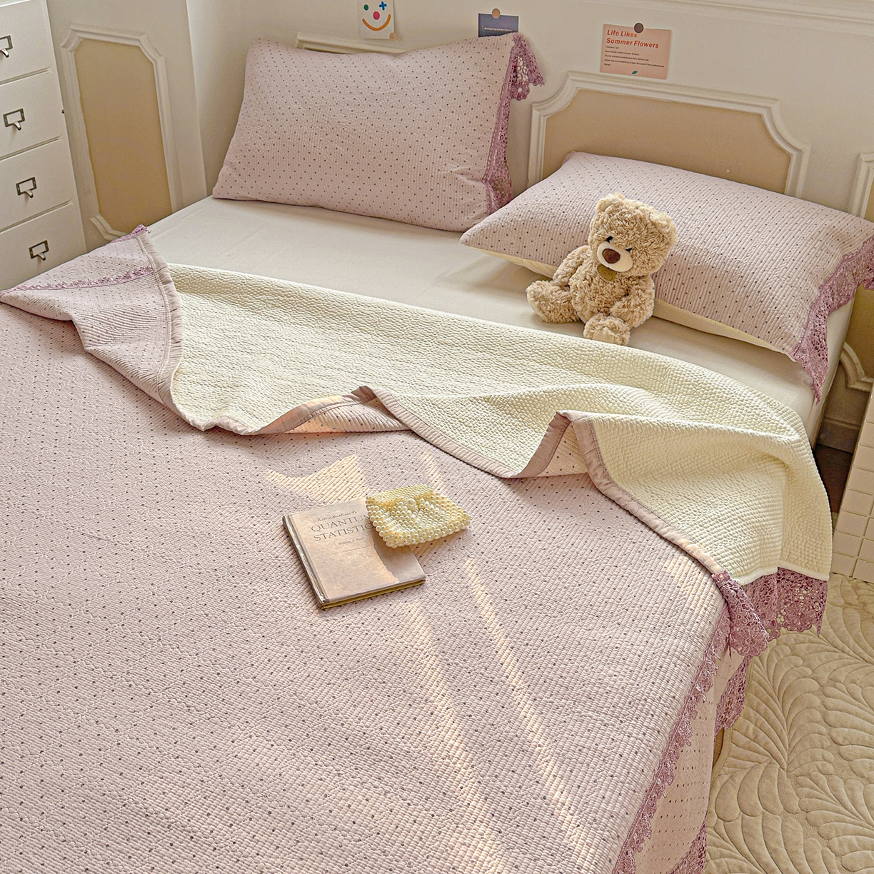 91家纺网 家纺一手货源 找家纺 源舜家纺 2026新款全棉双层纱梅花边床盖 波点-紫色