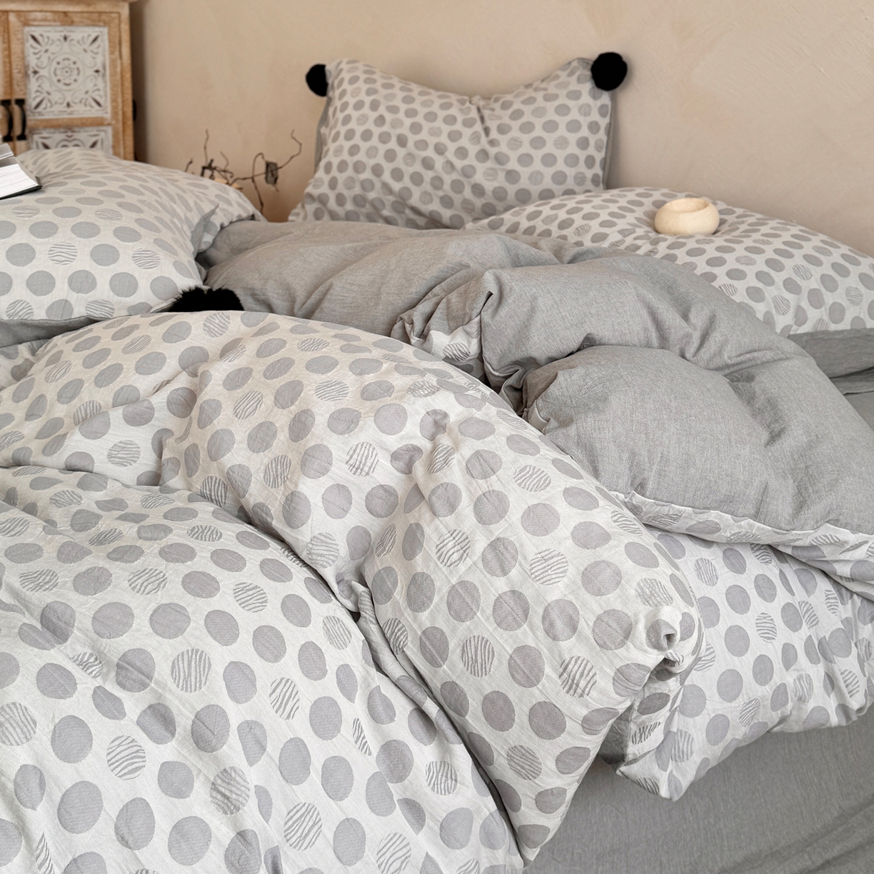 91家纺网 家纺一手货源 找家纺 淑女公社家纺 2026春夏新款全棉提花色织套件-甜甜圈 甜甜圈 -灰