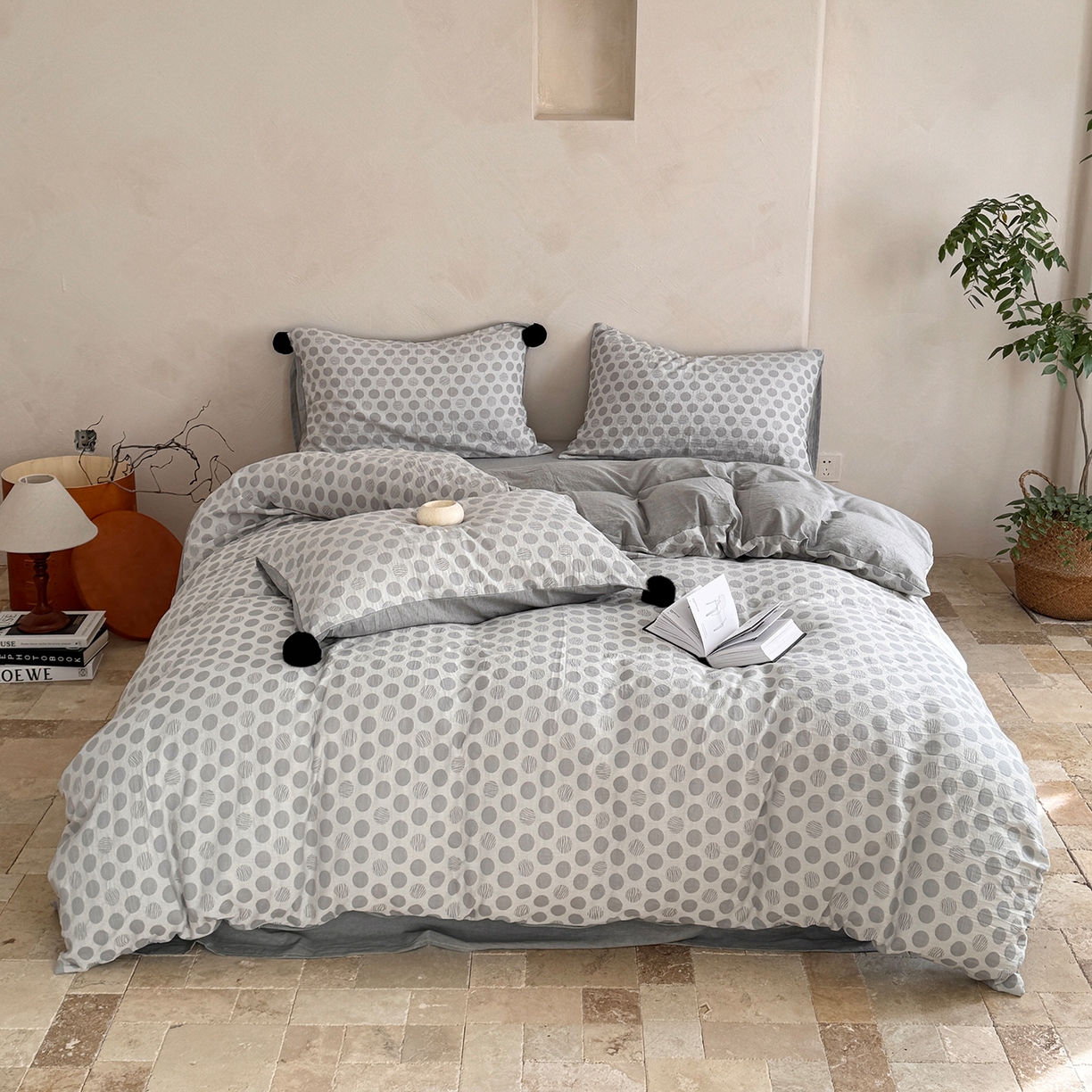 91家纺网 家纺一手货源 找家纺 淑女公社家纺 2026春夏新款全棉提花色织套件-甜甜圈 甜甜圈 -灰