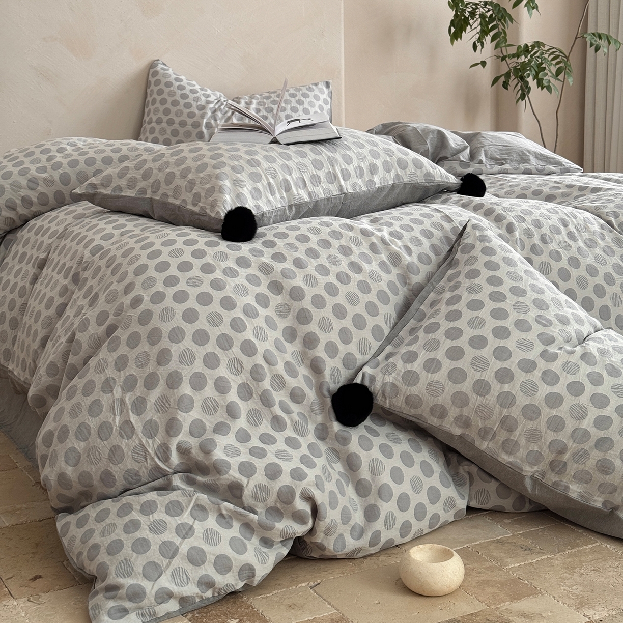 91家纺网 家纺一手货源 找家纺 淑女公社家纺 2026春夏新款全棉提花色织套件-甜甜圈 甜甜圈 -灰