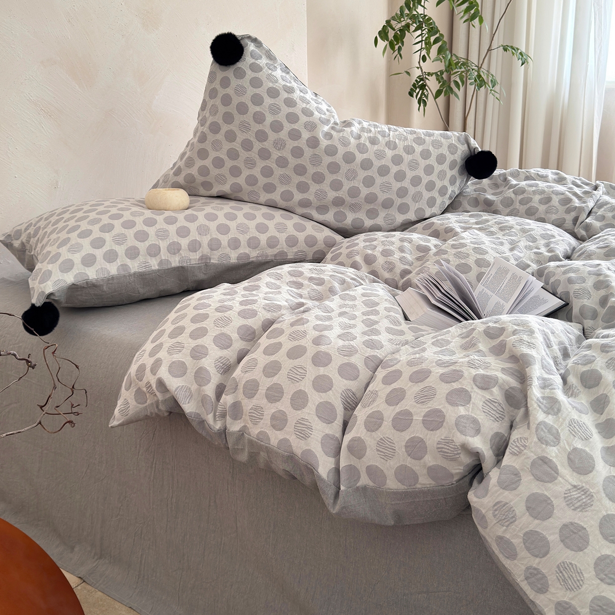 91家纺网 家纺一手货源 找家纺 淑女公社家纺 2026春夏新款全棉提花色织套件-甜甜圈 甜甜圈 -灰