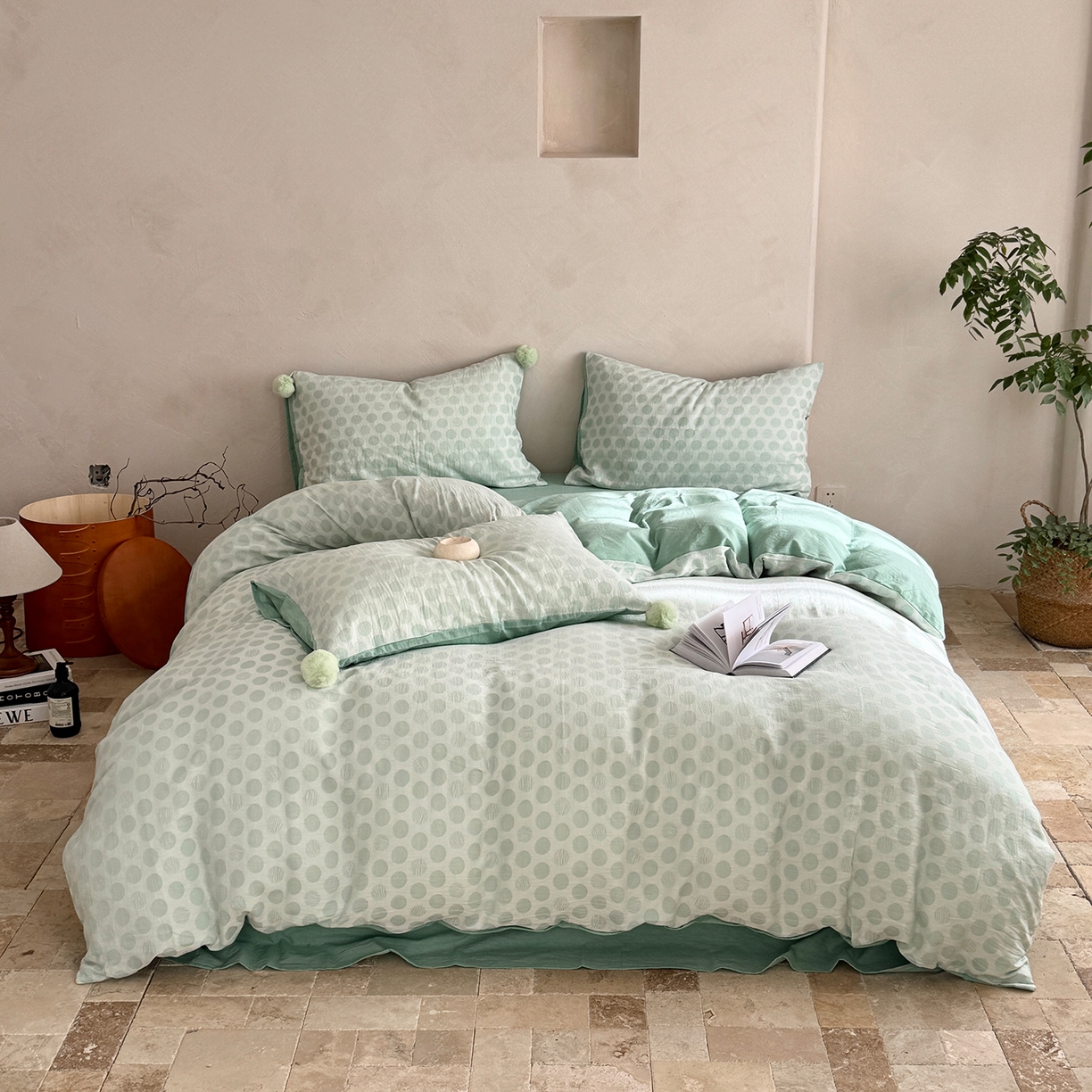 91家纺网 家纺一手货源 找家纺 淑女公社家纺 2026春夏新款全棉提花色织套件-甜甜圈 甜甜圈-绿