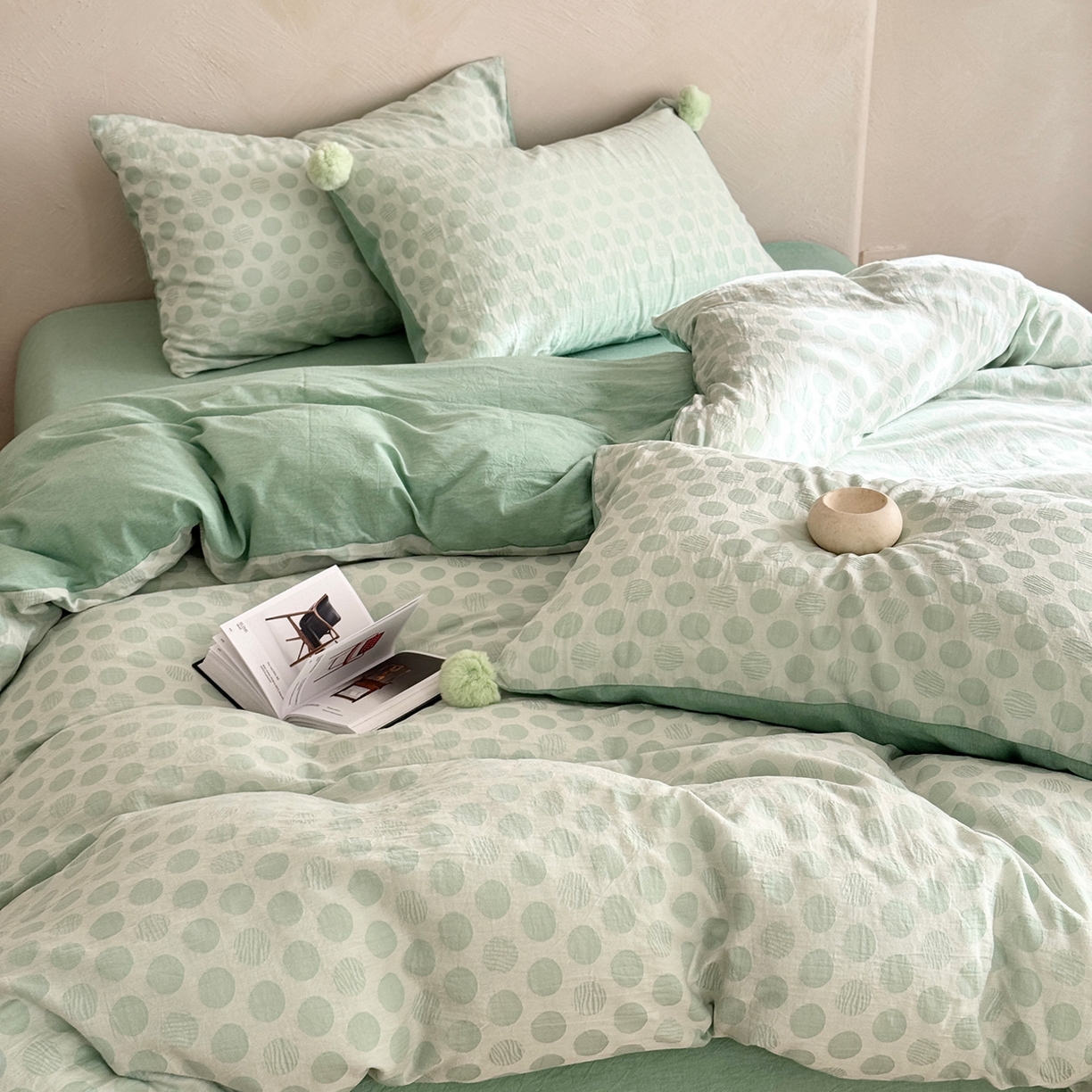 91家纺网 家纺一手货源 找家纺 淑女公社家纺 2026春夏新款全棉提花色织套件-甜甜圈 甜甜圈-绿