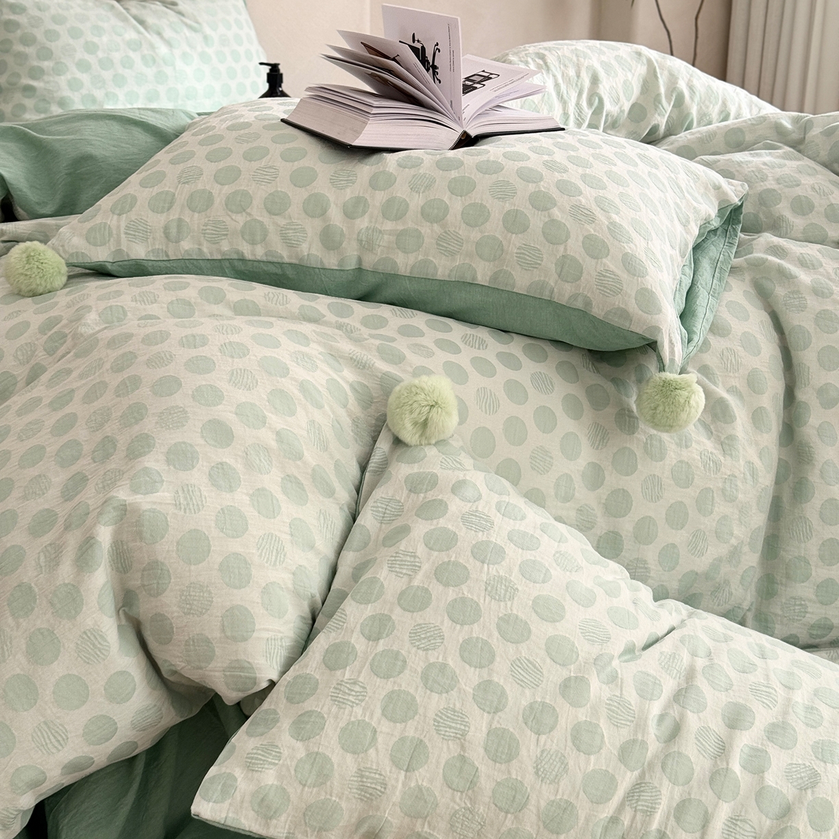 91家纺网 家纺一手货源 找家纺 淑女公社家纺 2026春夏新款全棉提花色织套件-甜甜圈 甜甜圈-绿