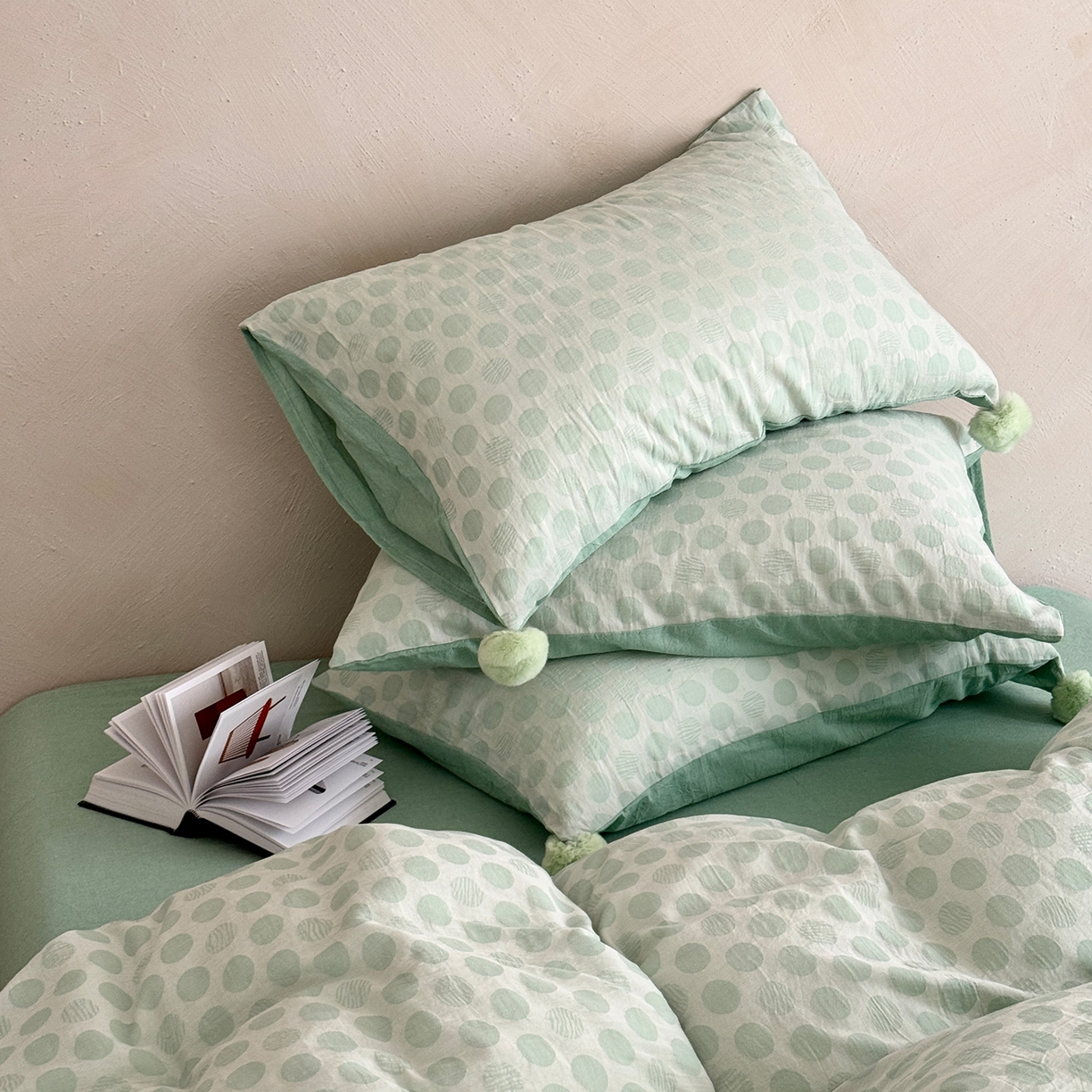 91家纺网 家纺一手货源 找家纺 淑女公社家纺 2026春夏新款全棉提花色织套件-甜甜圈 甜甜圈-绿