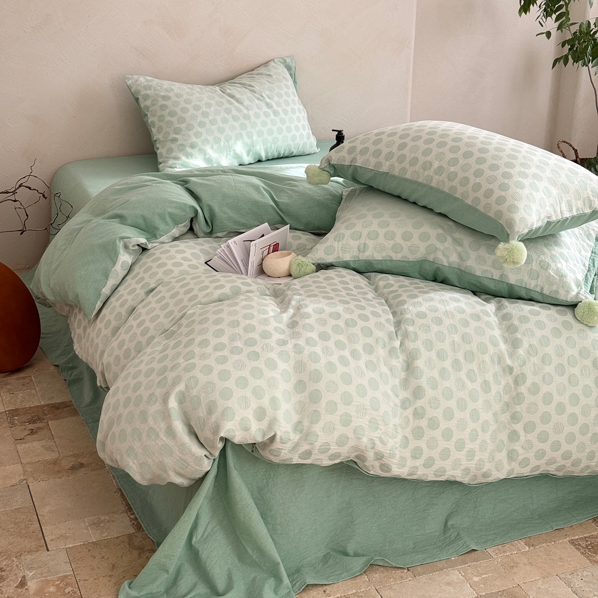 91家纺网 家纺一手货源 找家纺 淑女公社家纺 2026春夏新款全棉提花色织套件-甜甜圈 甜甜圈-绿