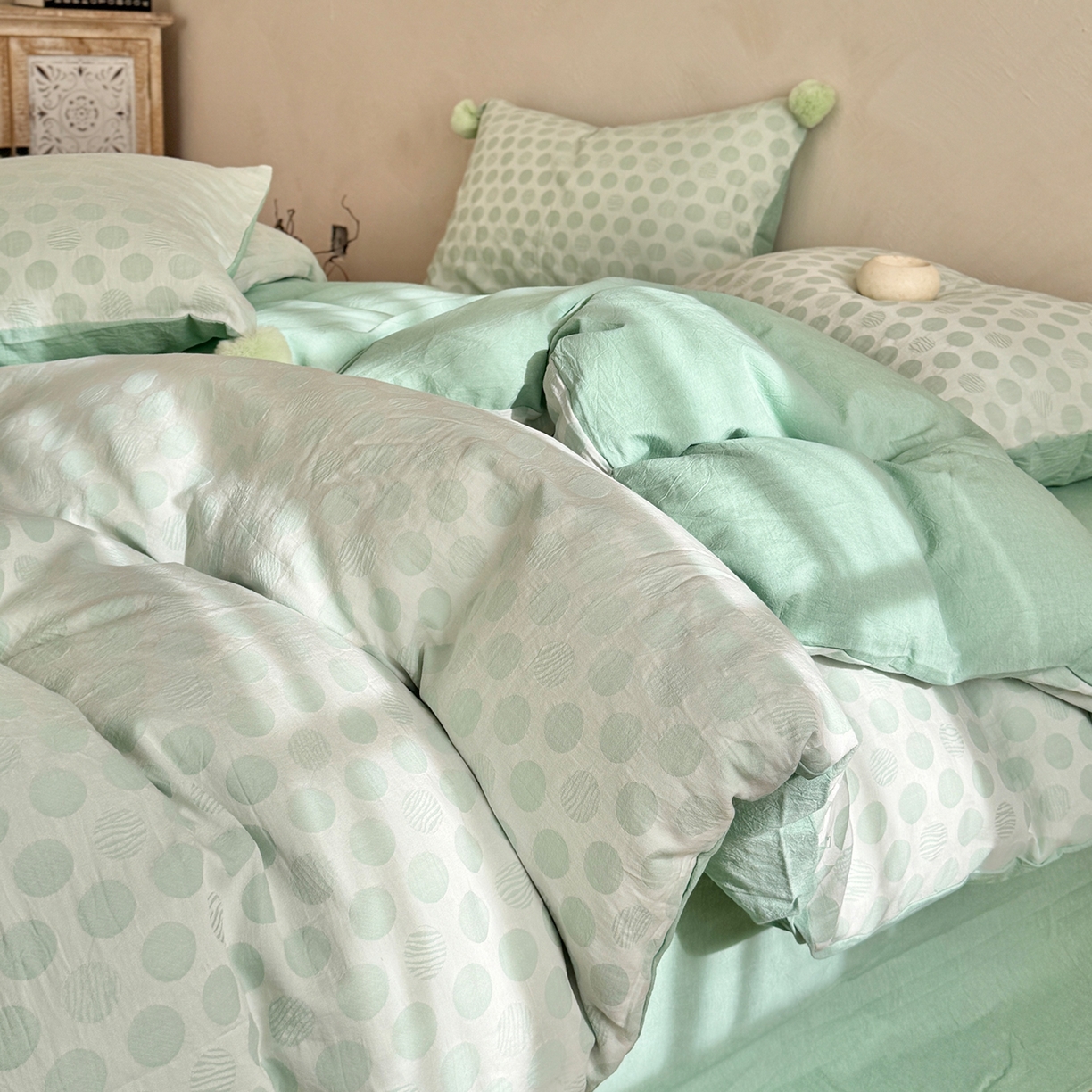 91家纺网 家纺一手货源 找家纺 淑女公社家纺 2026春夏新款全棉提花色织套件-甜甜圈 甜甜圈-绿