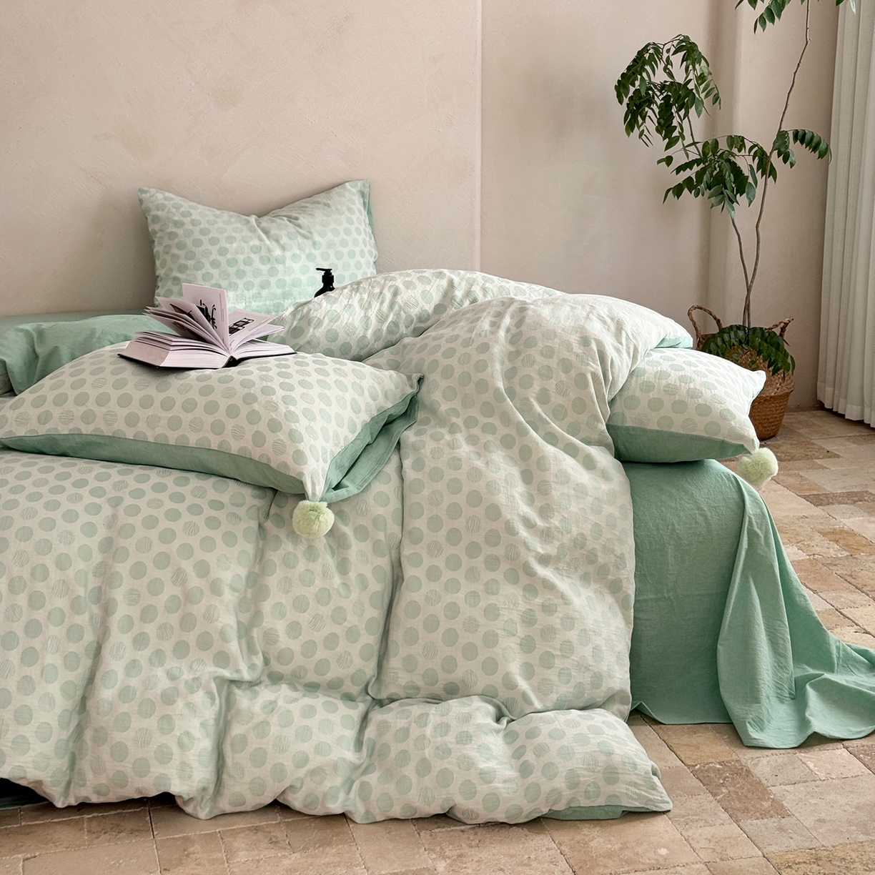 91家纺网 家纺一手货源 找家纺 淑女公社家纺 2026春夏新款全棉提花色织套件-甜甜圈 甜甜圈-绿