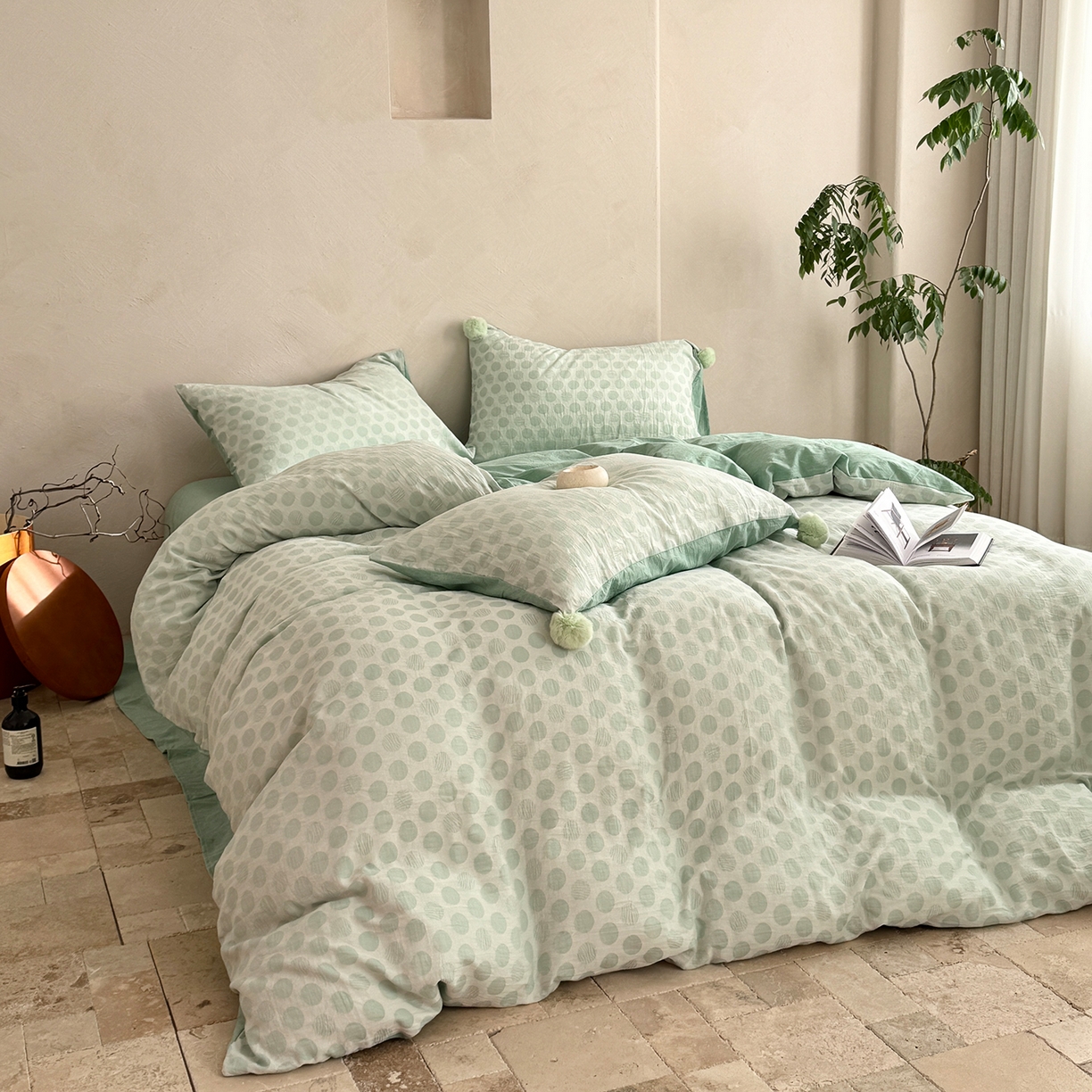 91家纺网 家纺一手货源 找家纺 淑女公社家纺 2026春夏新款全棉提花色织套件-甜甜圈 甜甜圈-绿