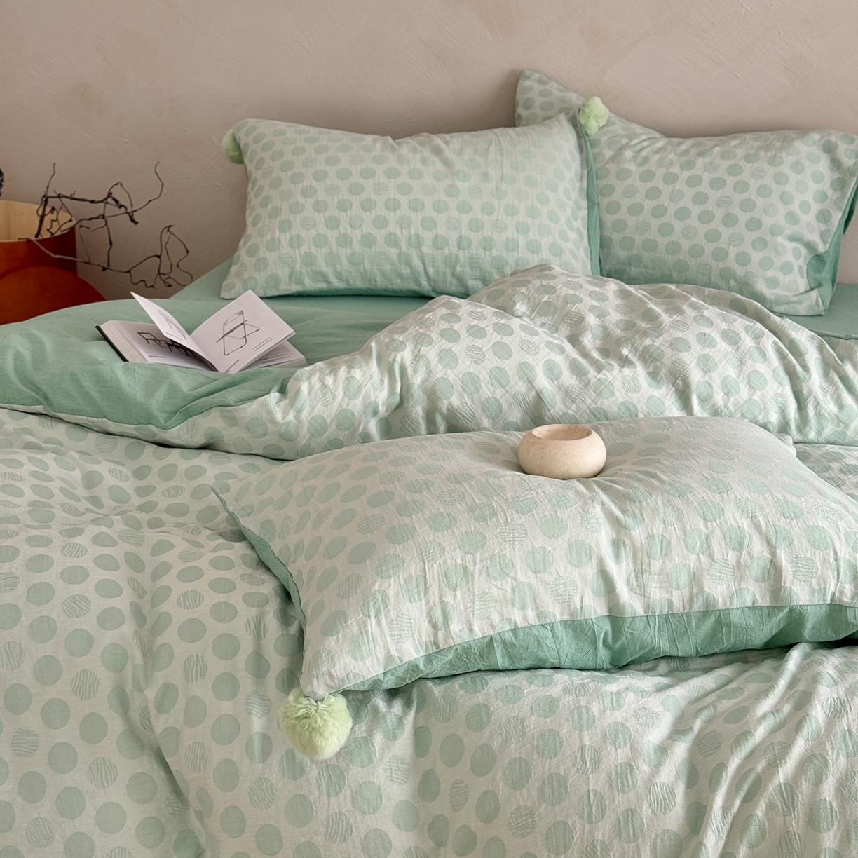 91家纺网 家纺一手货源 找家纺 淑女公社家纺 2026春夏新款全棉提花色织套件-甜甜圈 甜甜圈-绿