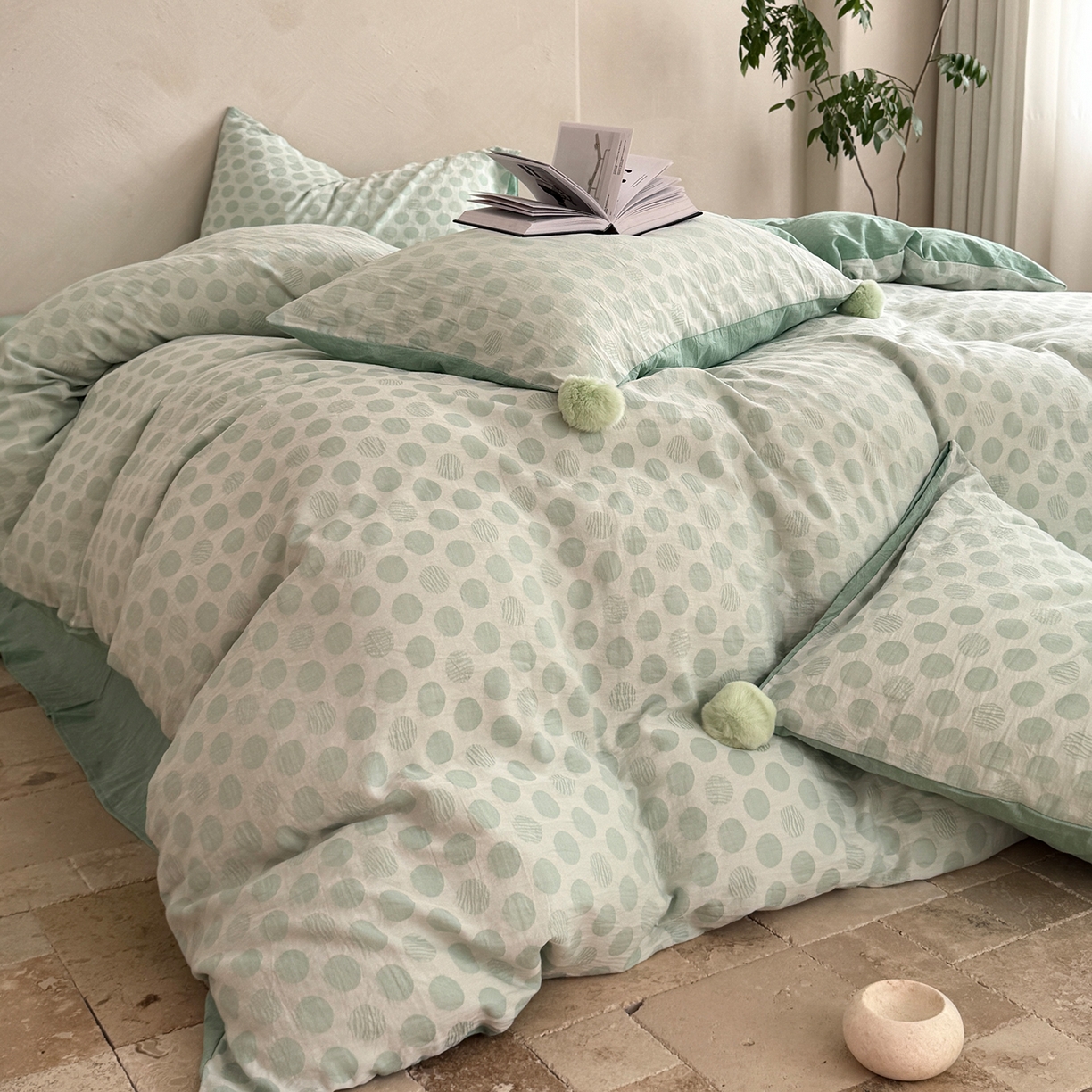 91家纺网 家纺一手货源 找家纺 淑女公社家纺 2026春夏新款全棉提花色织套件-甜甜圈 甜甜圈-绿