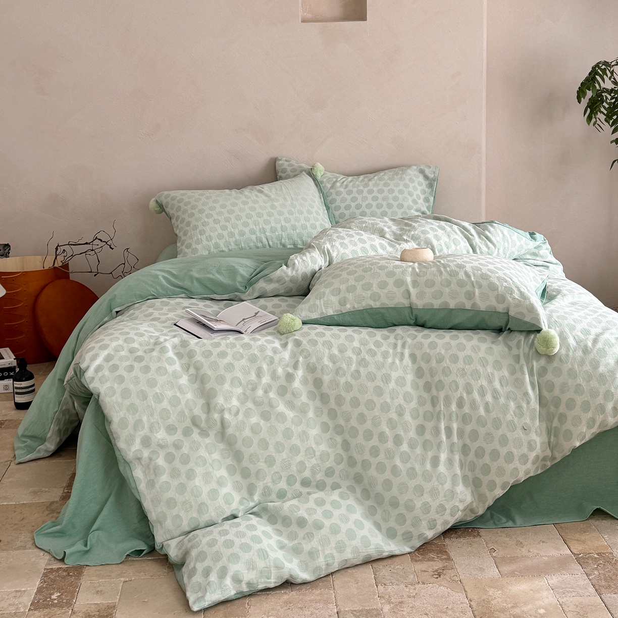 91家纺网 家纺一手货源 找家纺 淑女公社家纺 2026春夏新款全棉提花色织套件-甜甜圈 甜甜圈-绿