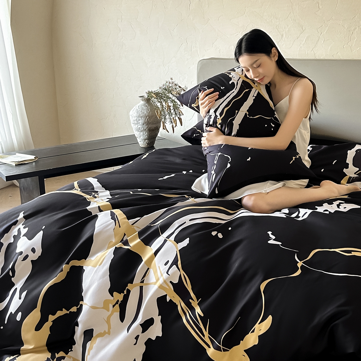 91家纺网 家纺一手货源 找家纺 （总）苏源家居 2026新款轻奢风大理石印花亲肤棉四件套大理石纹-耀黑