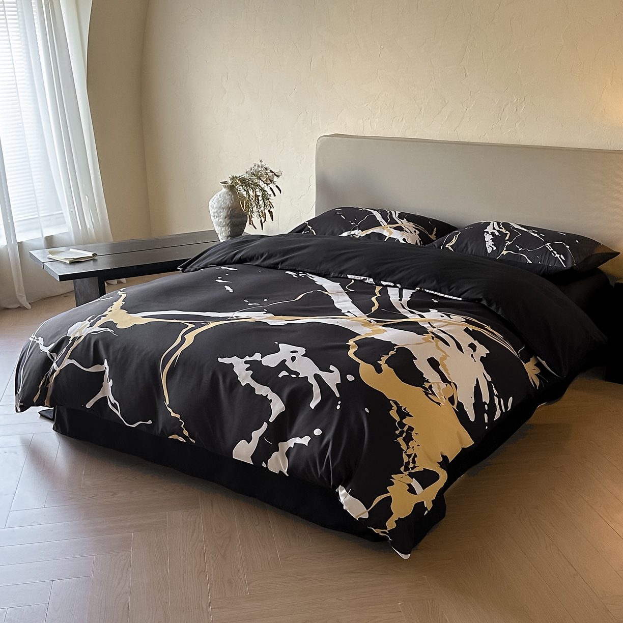 91家纺网 家纺一手货源 找家纺 （总）苏源家居 2026新款轻奢风大理石印花亲肤棉四件套大理石纹-耀黑