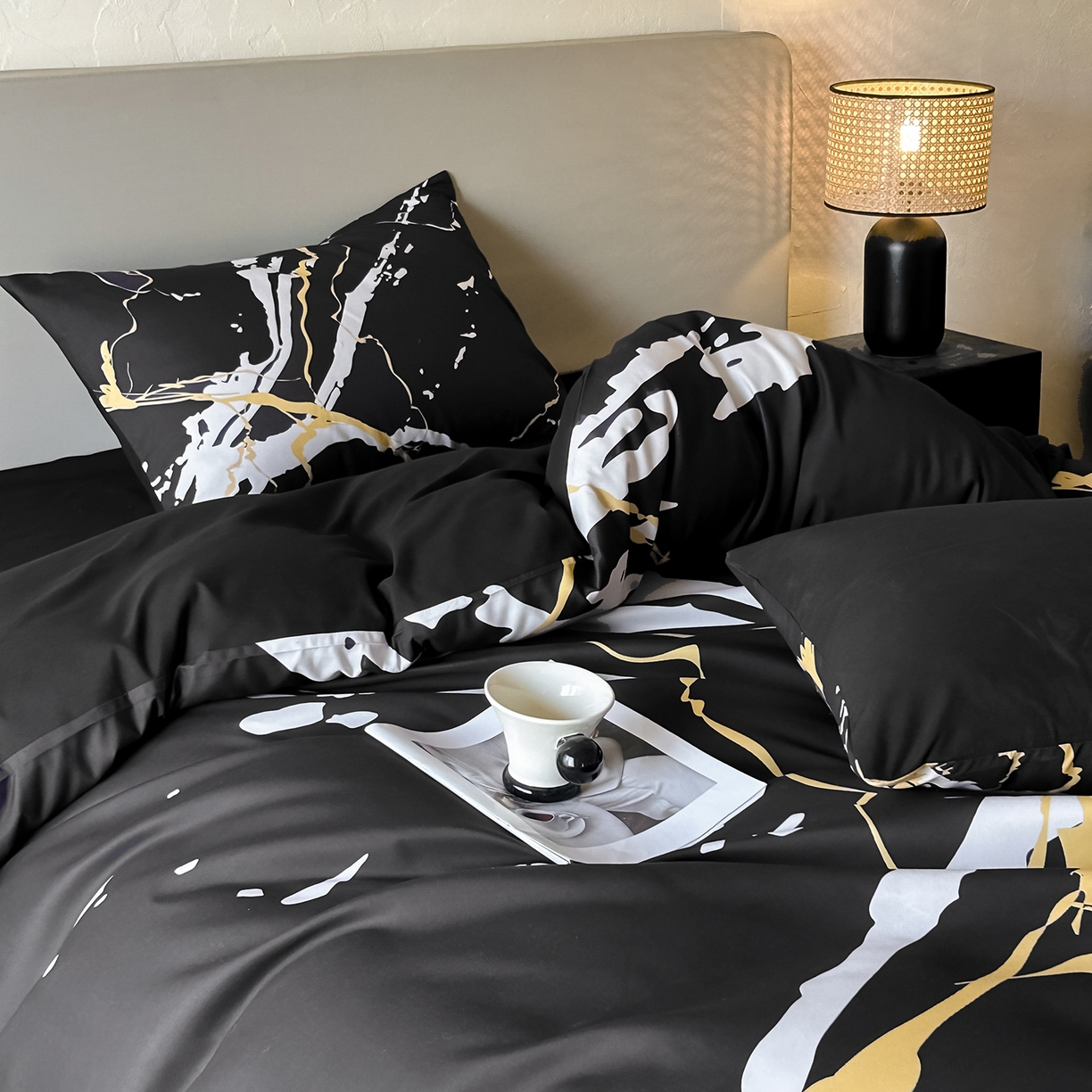 91家纺网 家纺一手货源 找家纺 （总）苏源家居 2026新款轻奢风大理石印花亲肤棉四件套大理石纹-耀黑
