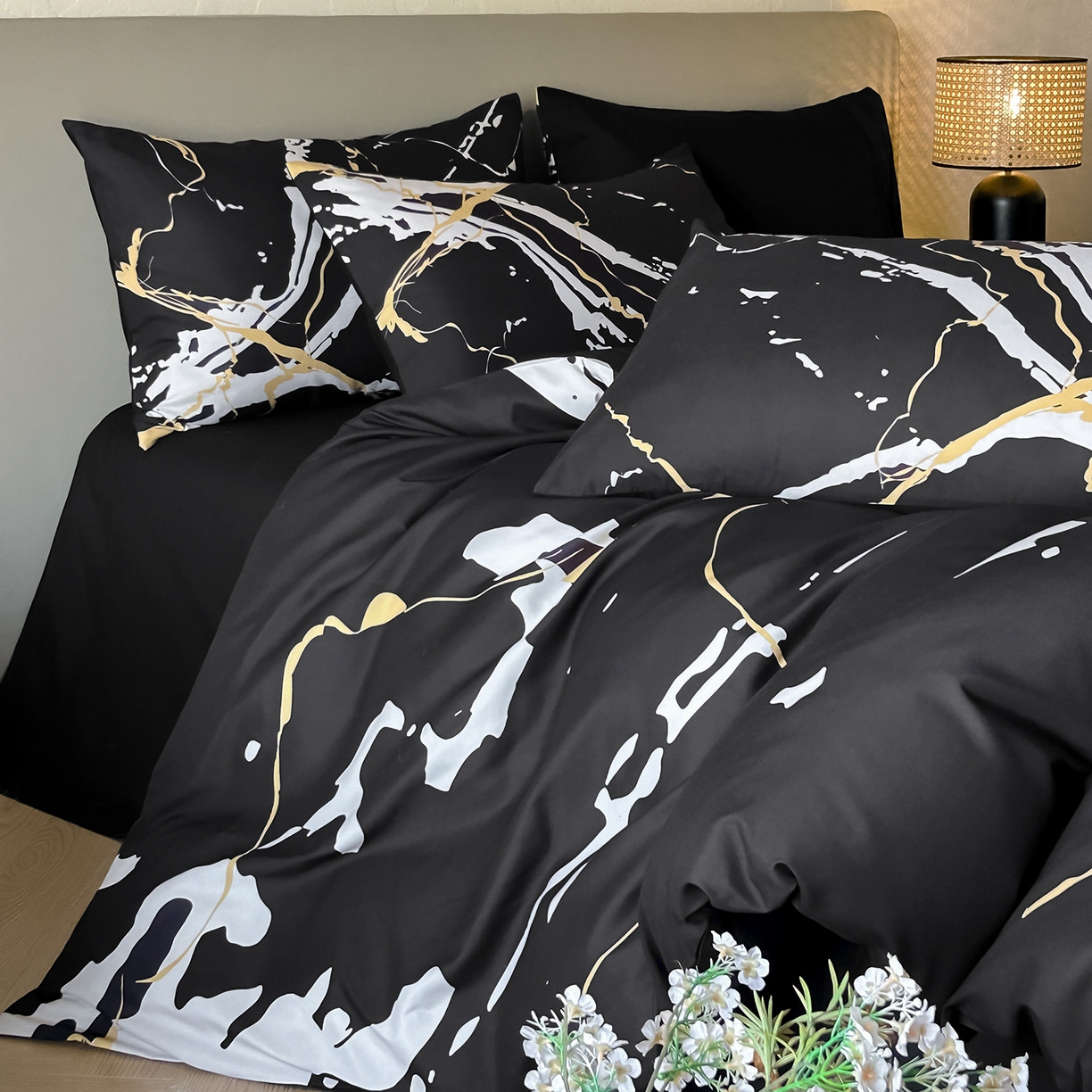 91家纺网 家纺一手货源 找家纺 （总）苏源家居 2026新款轻奢风大理石印花亲肤棉四件套大理石纹-耀黑