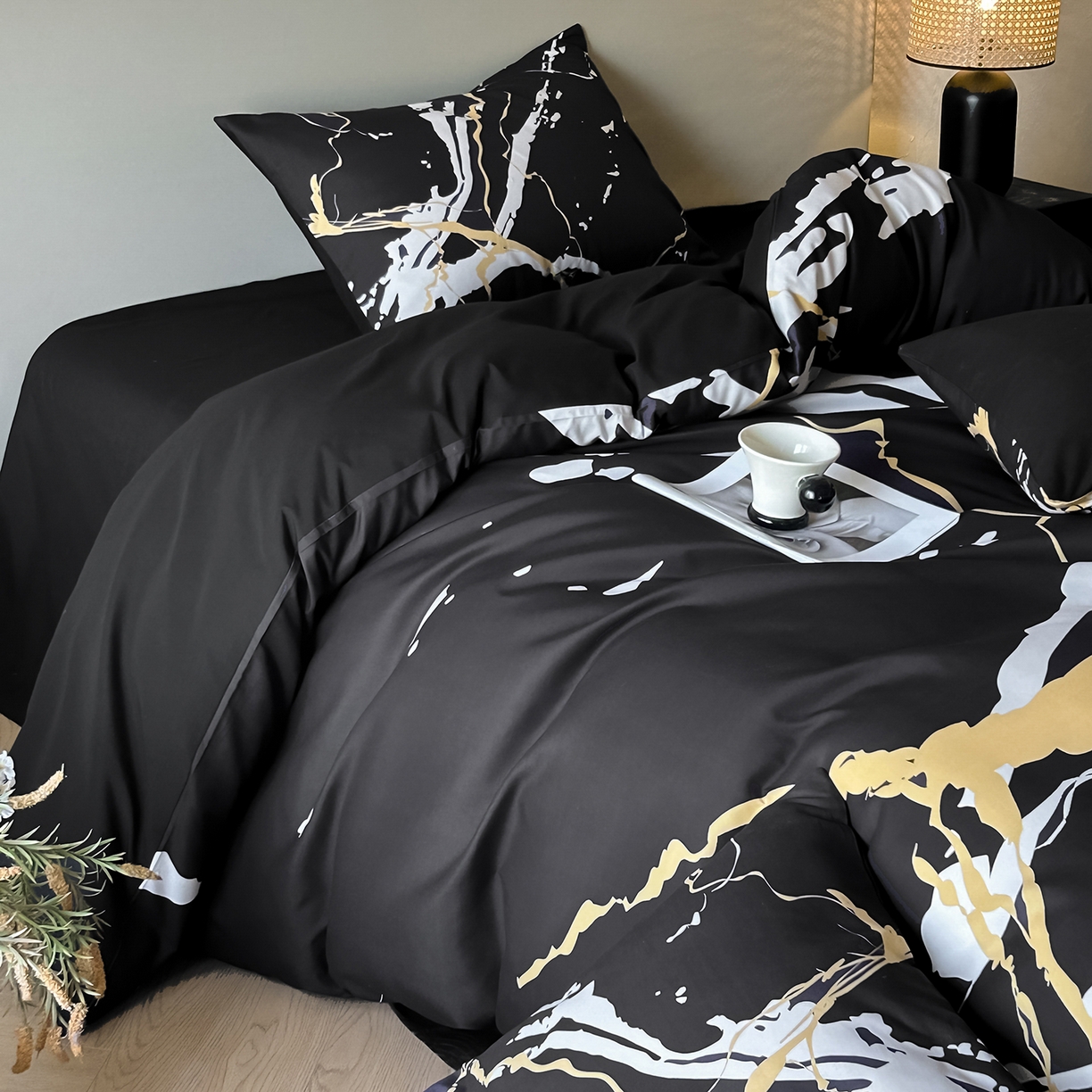 91家纺网 家纺一手货源 找家纺 （总）苏源家居 2026新款轻奢风大理石印花亲肤棉四件套大理石纹-耀黑