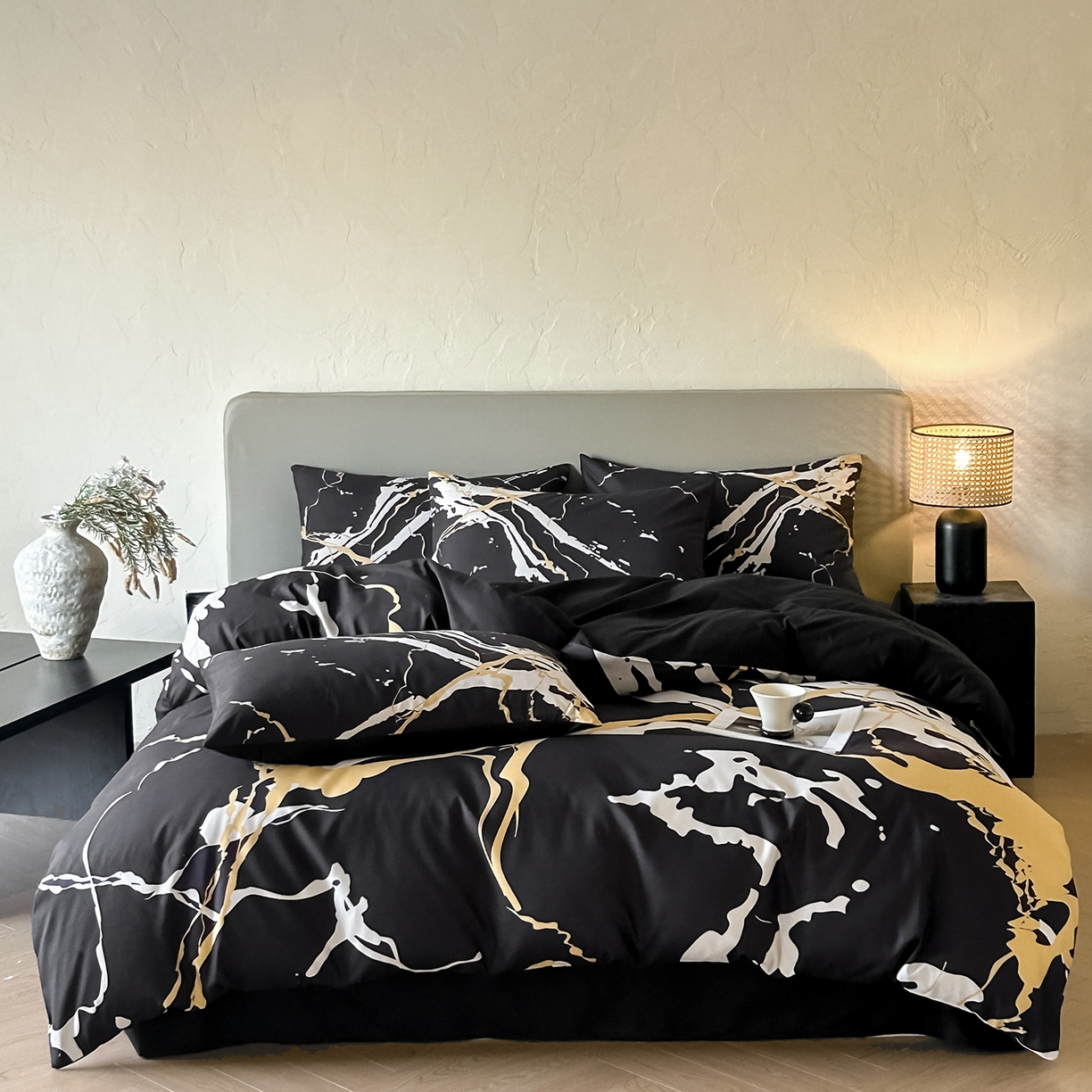 91家纺网 家纺一手货源 找家纺 （总）苏源家居 2026新款轻奢风大理石印花亲肤棉四件套大理石纹-耀黑