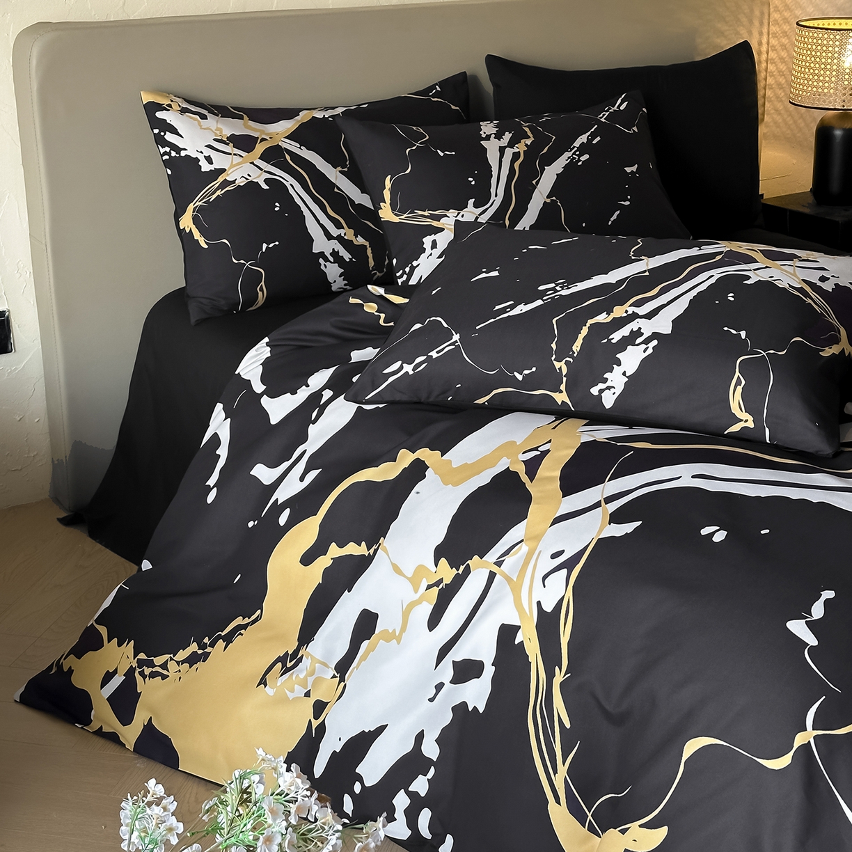 91家纺网 家纺一手货源 找家纺 （总）苏源家居 2026新款轻奢风大理石印花亲肤棉四件套大理石纹-耀黑