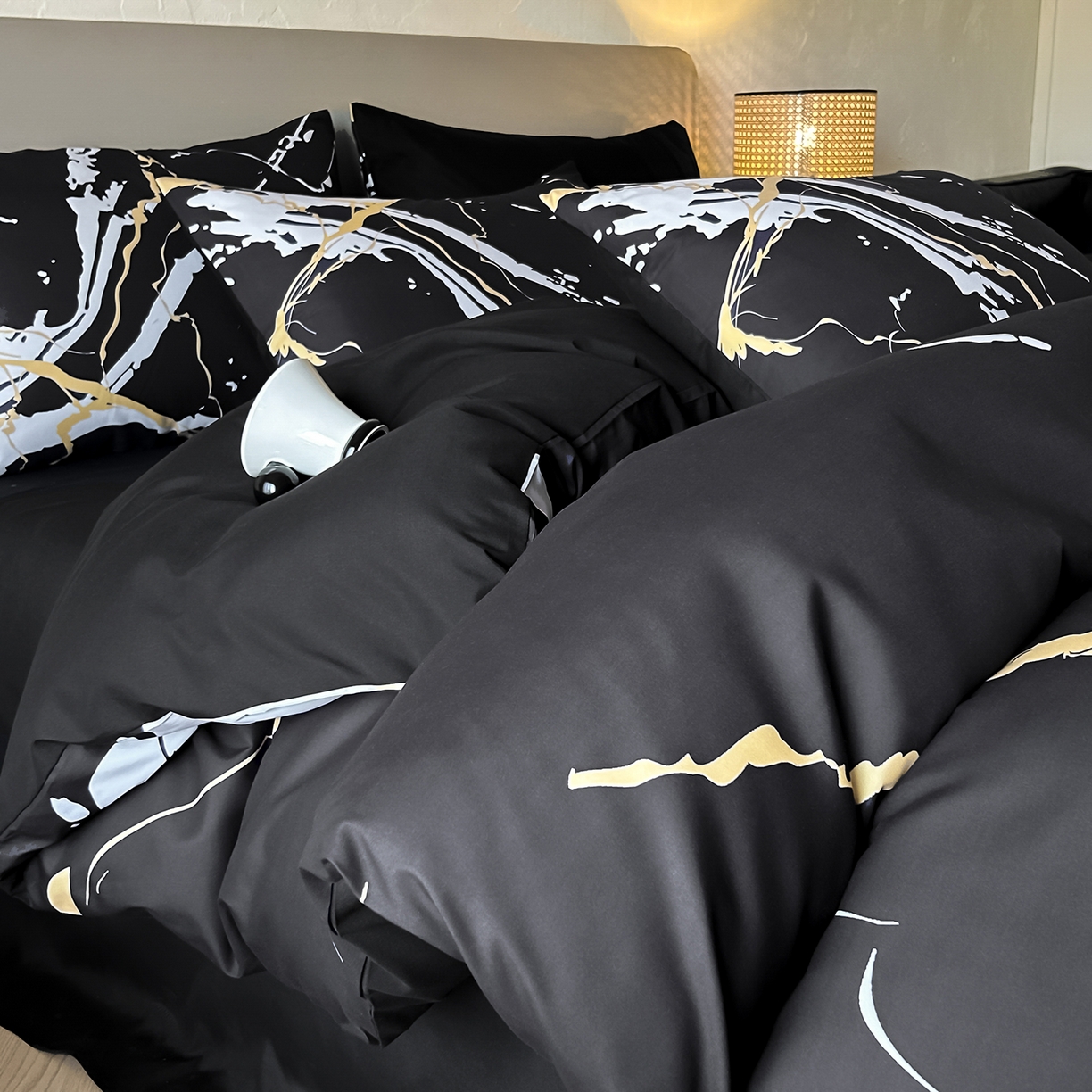 91家纺网 家纺一手货源 找家纺 （总）苏源家居 2026新款轻奢风大理石印花亲肤棉四件套大理石纹-耀黑