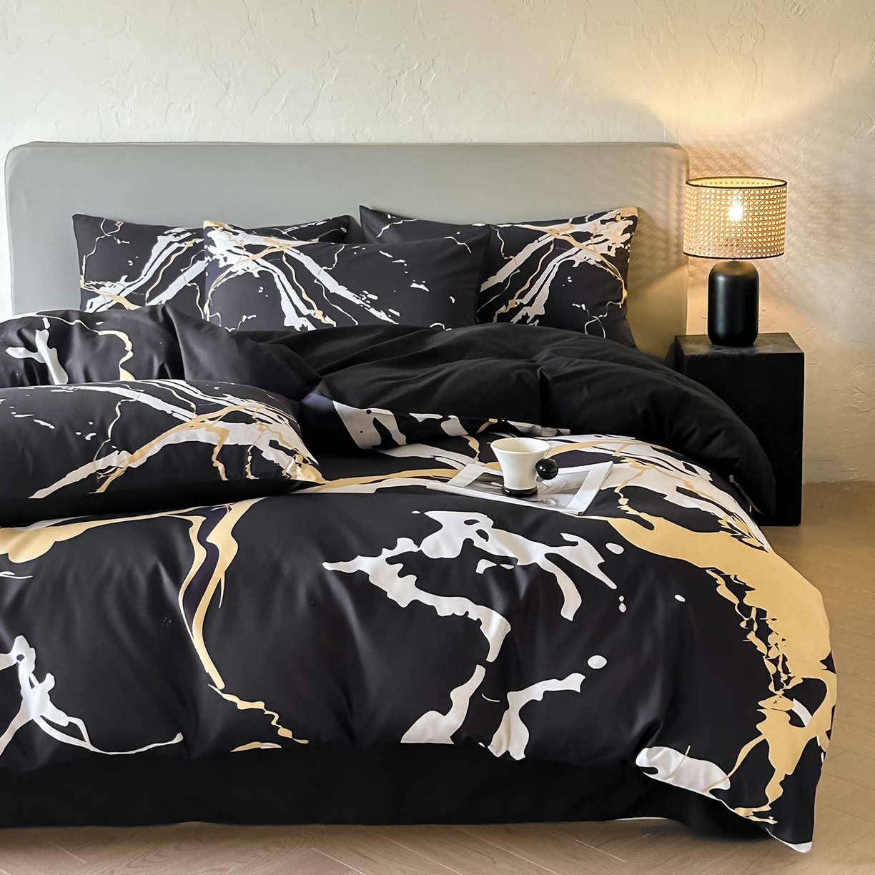 91家纺网 家纺一手货源 找家纺 （总）苏源家居 2026新款轻奢风大理石印花亲肤棉四件套大理石纹-耀黑