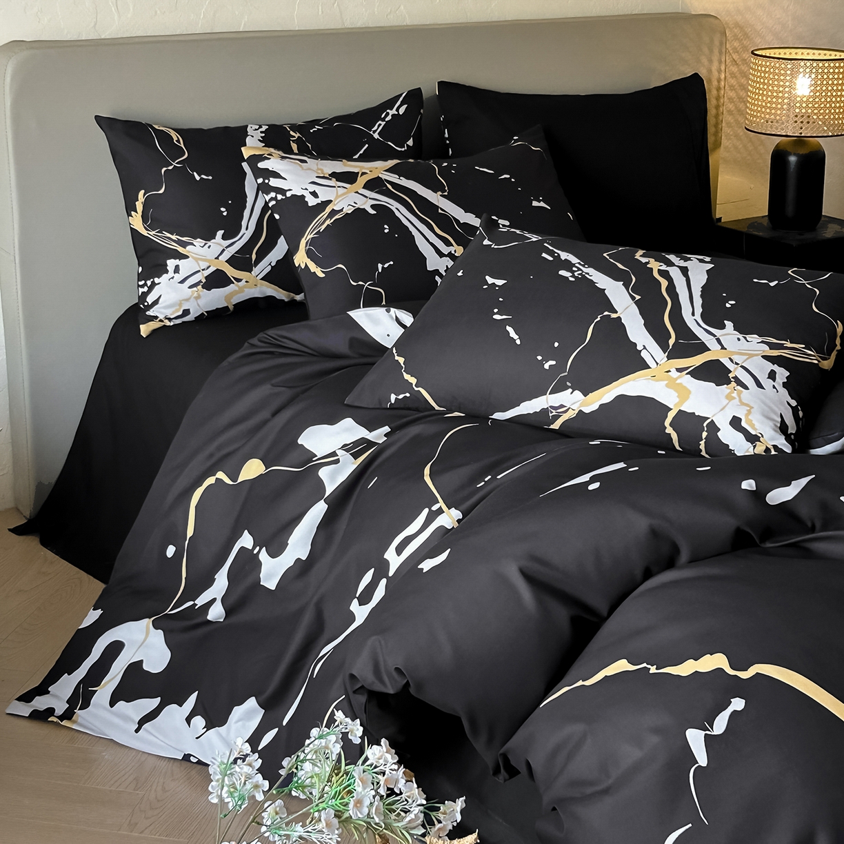 91家纺网 家纺一手货源 找家纺 （总）苏源家居 2026新款轻奢风大理石印花亲肤棉四件套大理石纹-耀黑