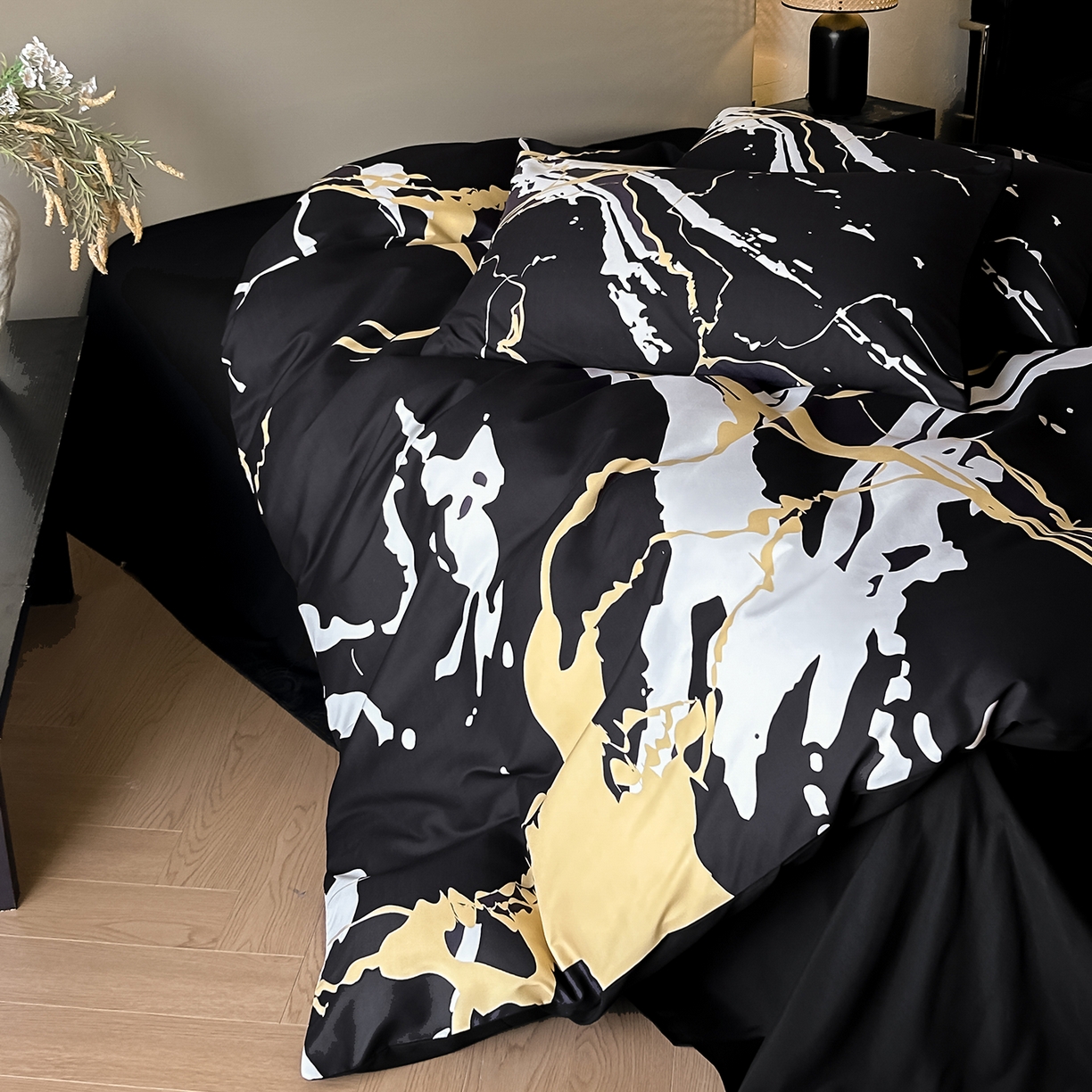 91家纺网 家纺一手货源 找家纺 （总）苏源家居 2026新款轻奢风大理石印花亲肤棉四件套大理石纹-耀黑