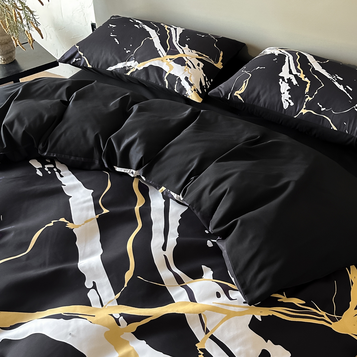 91家纺网 家纺一手货源 找家纺 （总）苏源家居 2026新款轻奢风大理石印花亲肤棉四件套大理石纹-耀黑