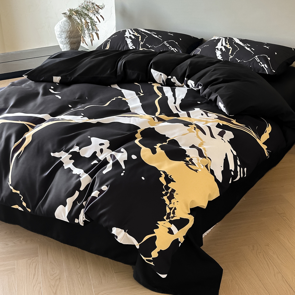 91家纺网 家纺一手货源 找家纺 （总）苏源家居 2026新款轻奢风大理石印花亲肤棉四件套大理石纹-耀黑