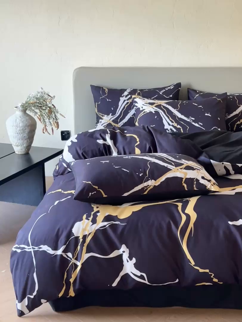 91家纺网 家纺一手货源 找家纺 （总）苏源家居 2026新款轻奢风大理石印花亲肤棉四件套大理石纹-耀黑