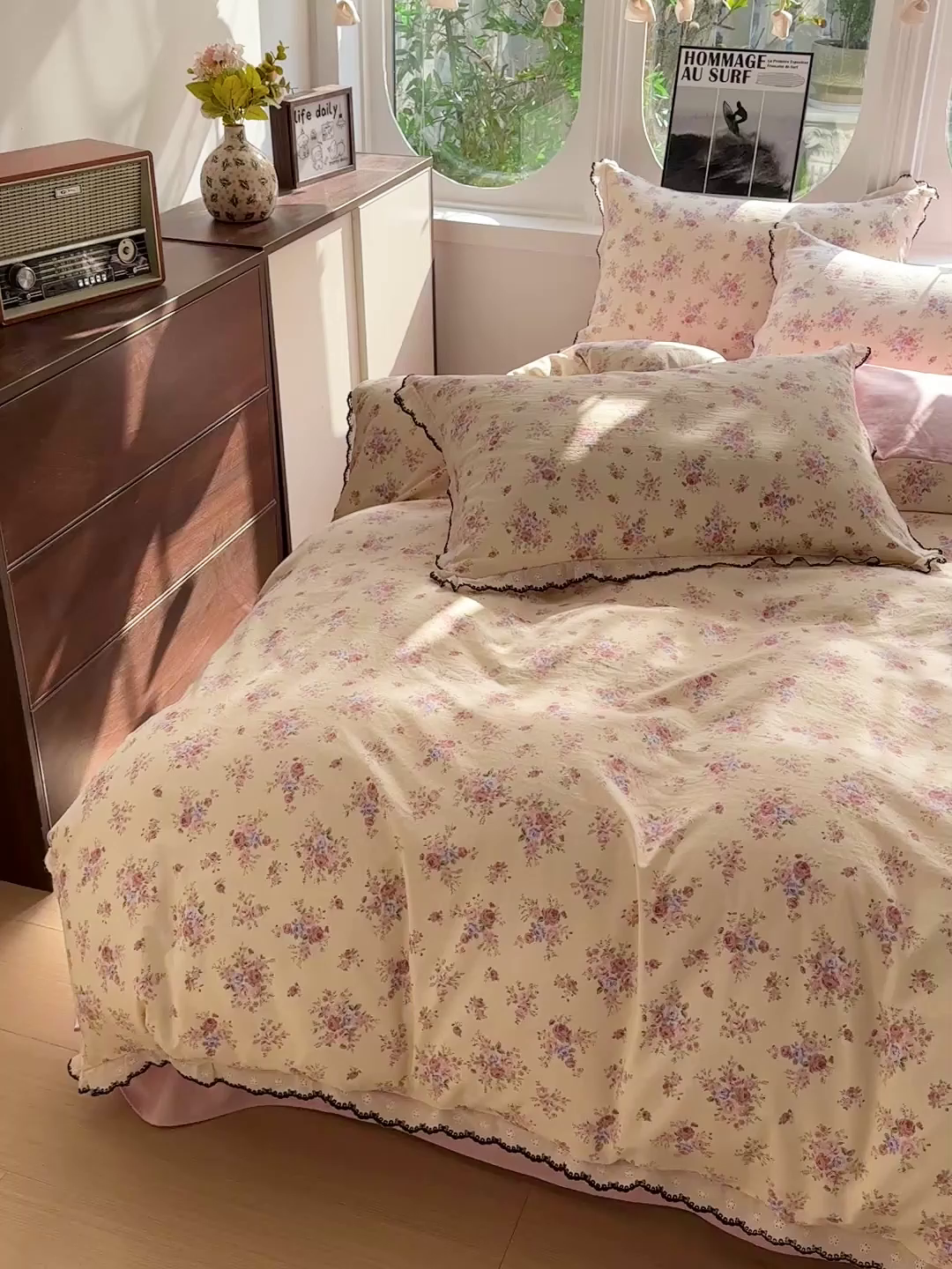 91家纺网 家纺一手货源 找家纺 （总）芯贝儿 2026新款A类仿棉古法水洗棉复古法式花边四件套（提供买家秀）