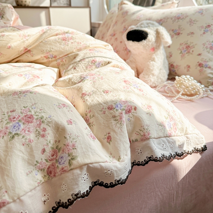 91家纺网 家纺一手货源 找家纺 （总）芯贝儿 2026新款A类仿棉古法水洗棉复古法式花边四件套（提供买家秀）